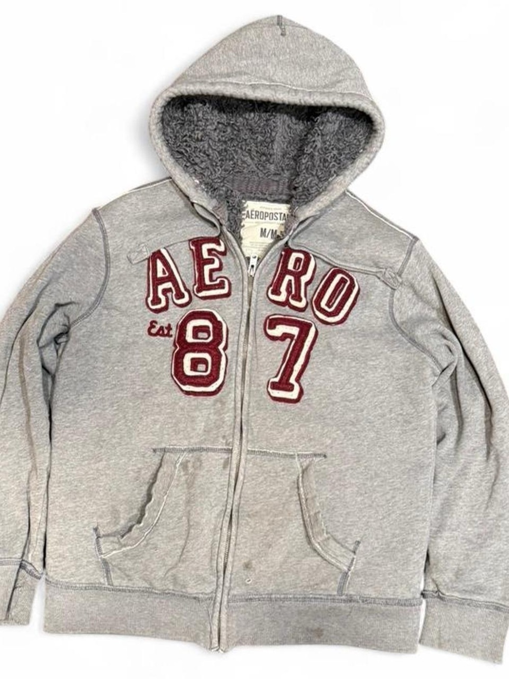 Y2K Aeropostale Fur Lined Patched Distressed Graphic Zip Up Hoodie